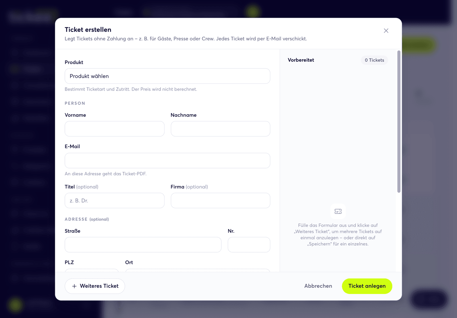 Formular zum manuellen Anlegen eines Tickets